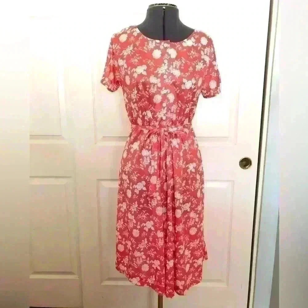 VTG "haband for her" coral nylon short sleeve with belt classic dress women 8